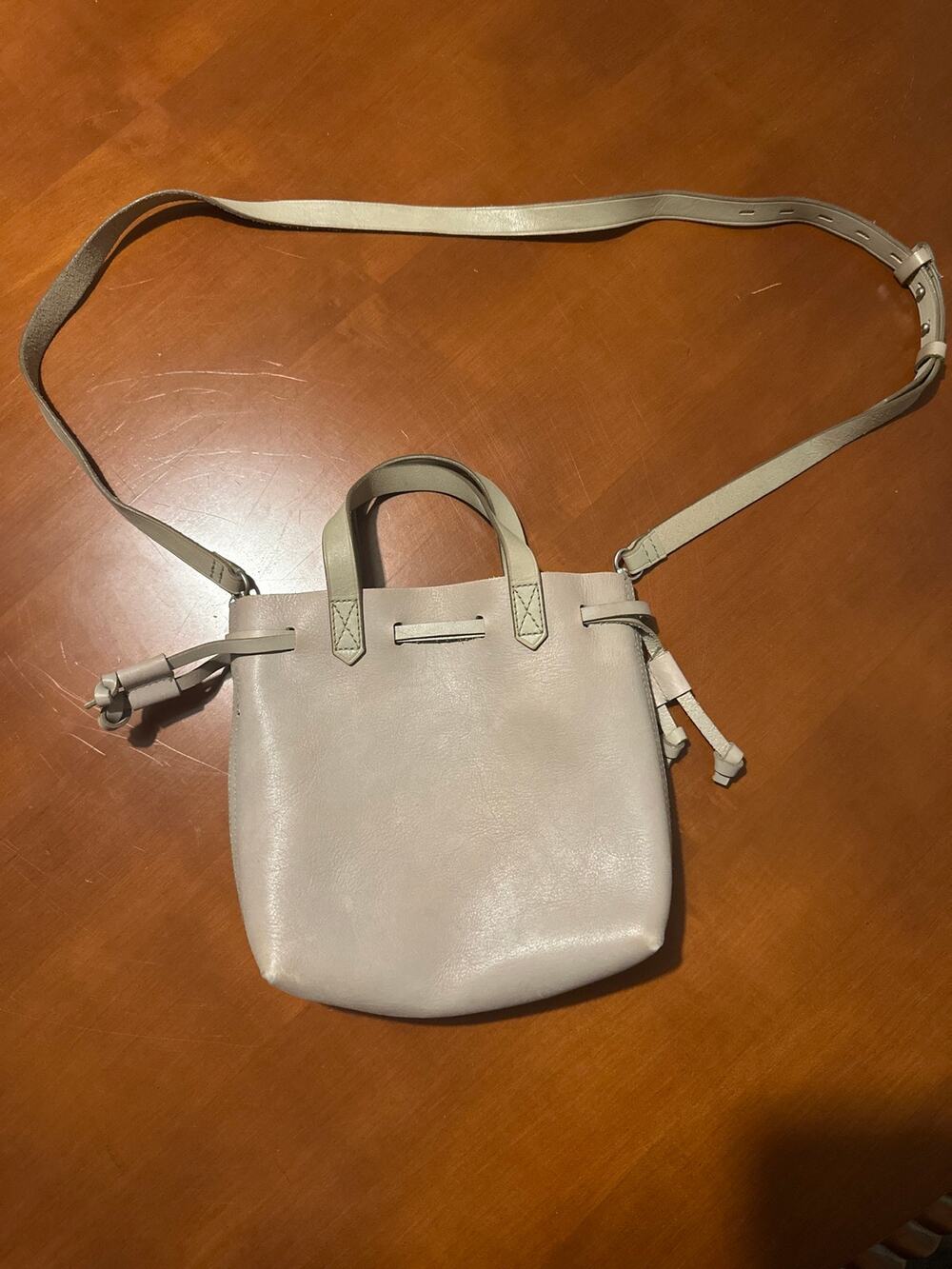 Taupe Leather Mini Bucket Bag with Drawstring & Crossbody Strap